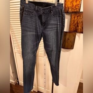 d. jeans Women's Dark Blue Skinny Jeans with Black rhinestone tuxedo Trim